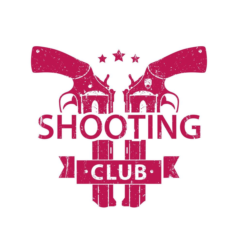 Shooting Club, emblem, logo, sign with crossed revolvers, handguns, red on white, vector illustration