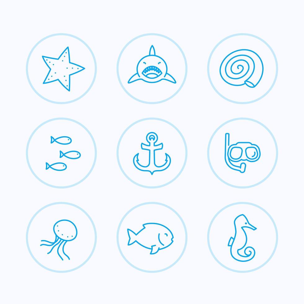 conjunto de iconos de línea de mar, tiburón, caballito de mar, pez, concha, medusa, estrella de mar vector