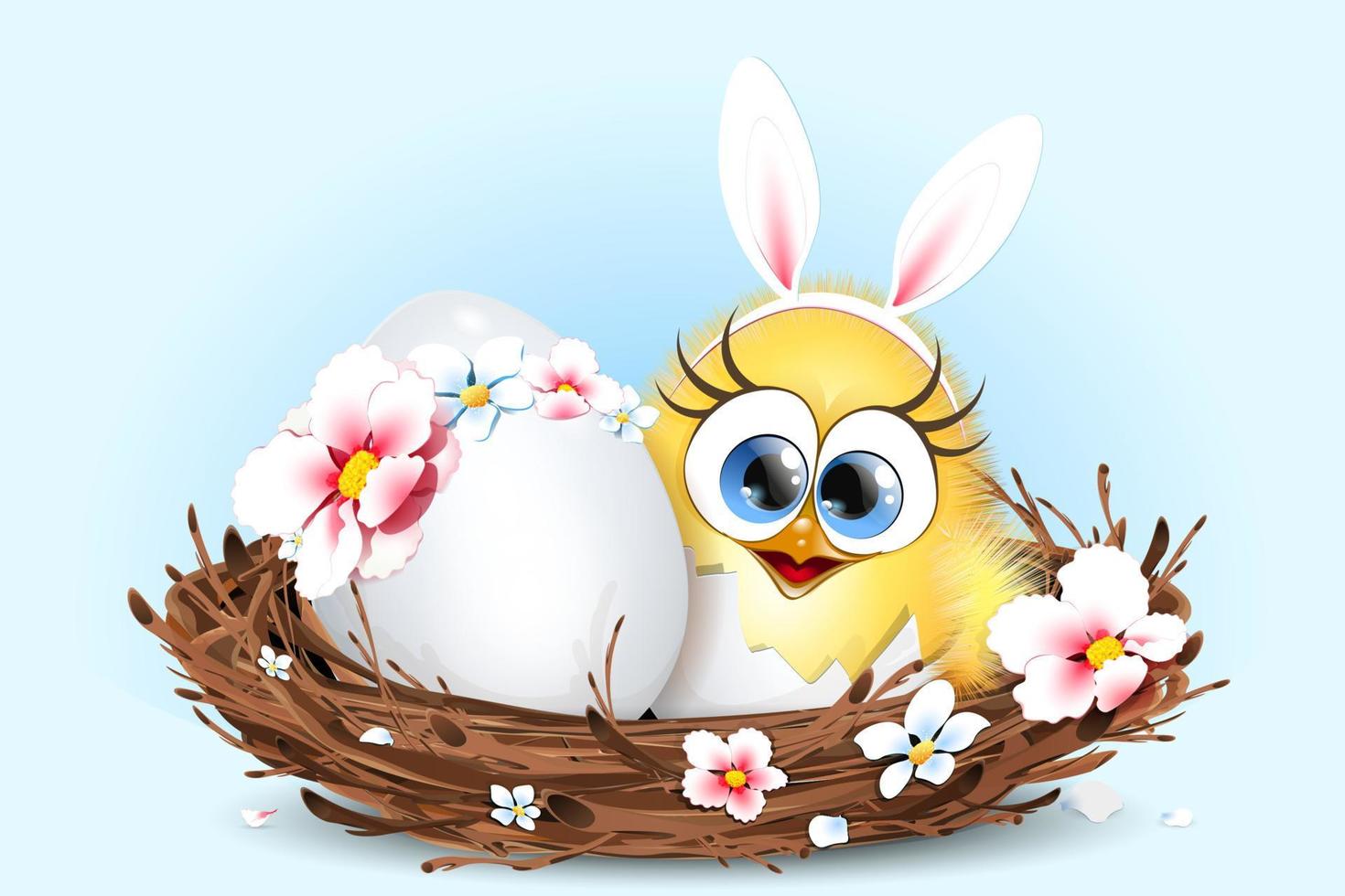 Easter nest with egg and newborn chick vector