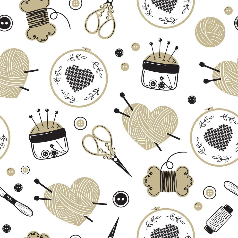 Needlework, knitting and sewing. Various sewing tools. Needles, scissors, yarn, sewing machine, spools, threads, etc. Hand drawn vector pattern.