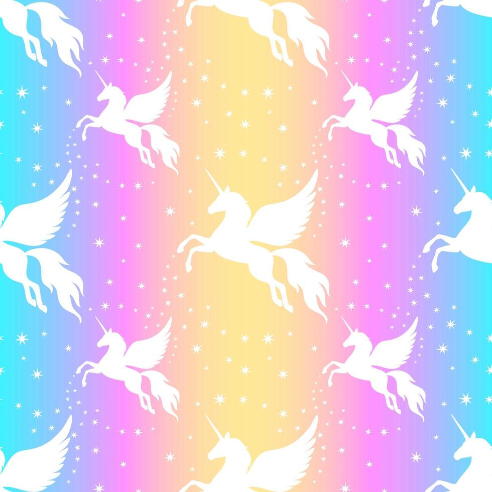 unicornio alado y estrellas de patrones sin fisuras. silueta de un unicornio volador en el cielo estrellado. silueta blanca sobre un fondo de arco iris. vector