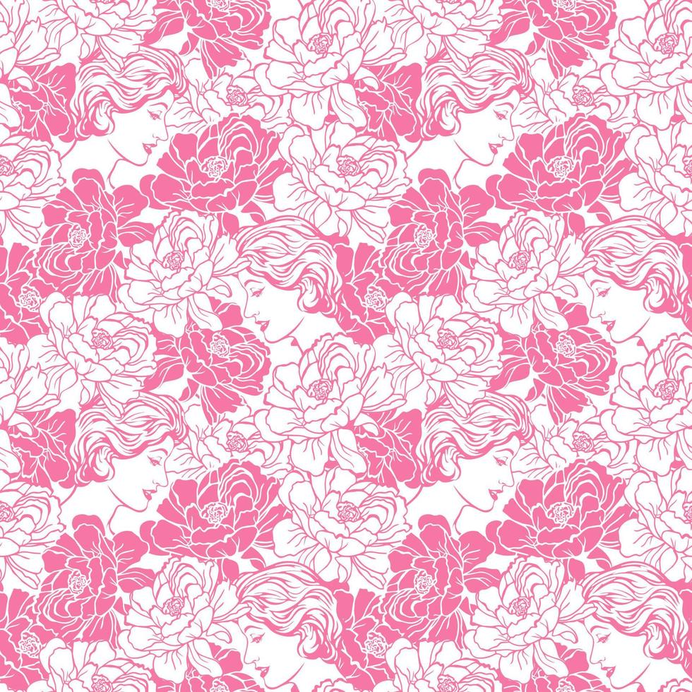 Floral pattern of pink peony flowers and woman's face on a white background. Seamless pattern. vector