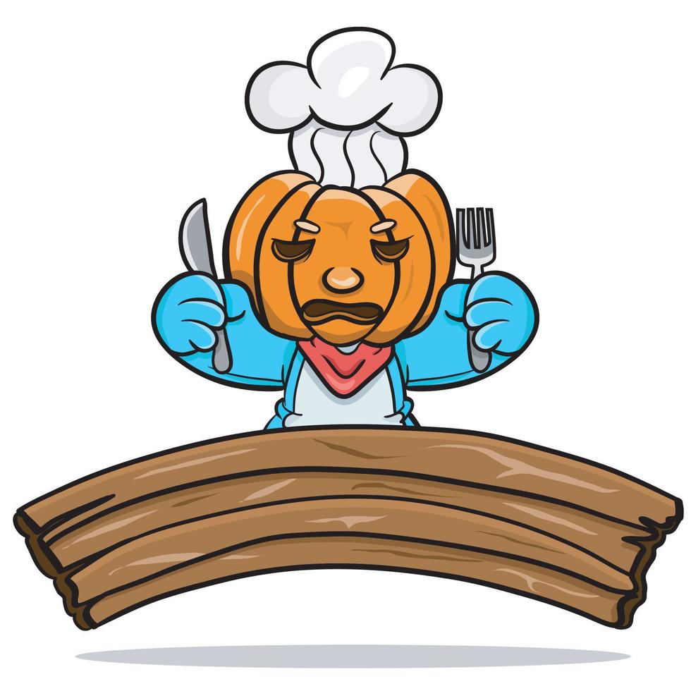 Mascot Pumpkin Doll chef Character With Blank Sign Wood. Vector clip art.