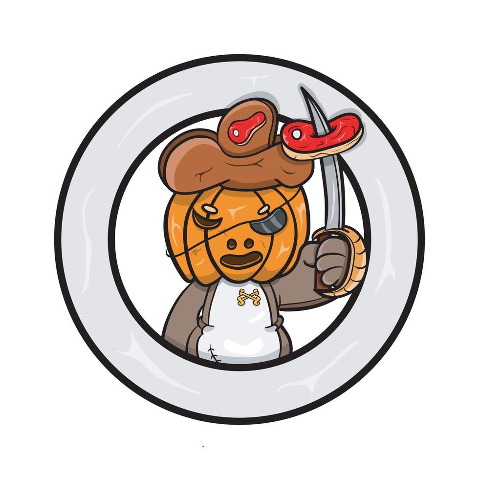 Mascot of Pumpkin Doll and Meat with Blank Circle Label. Vector clip art.