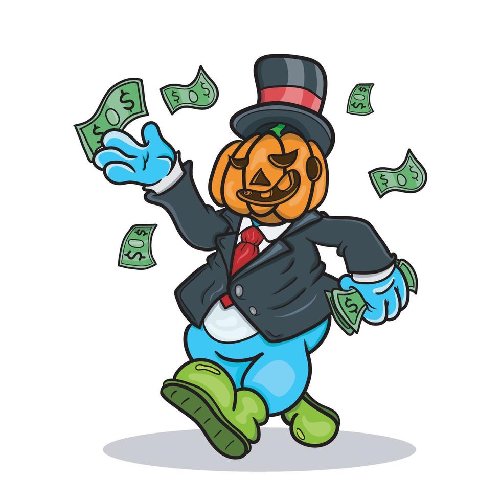 mascota de calabaza rica tirando dinero. ilustración de imágenes prediseñadas. vector