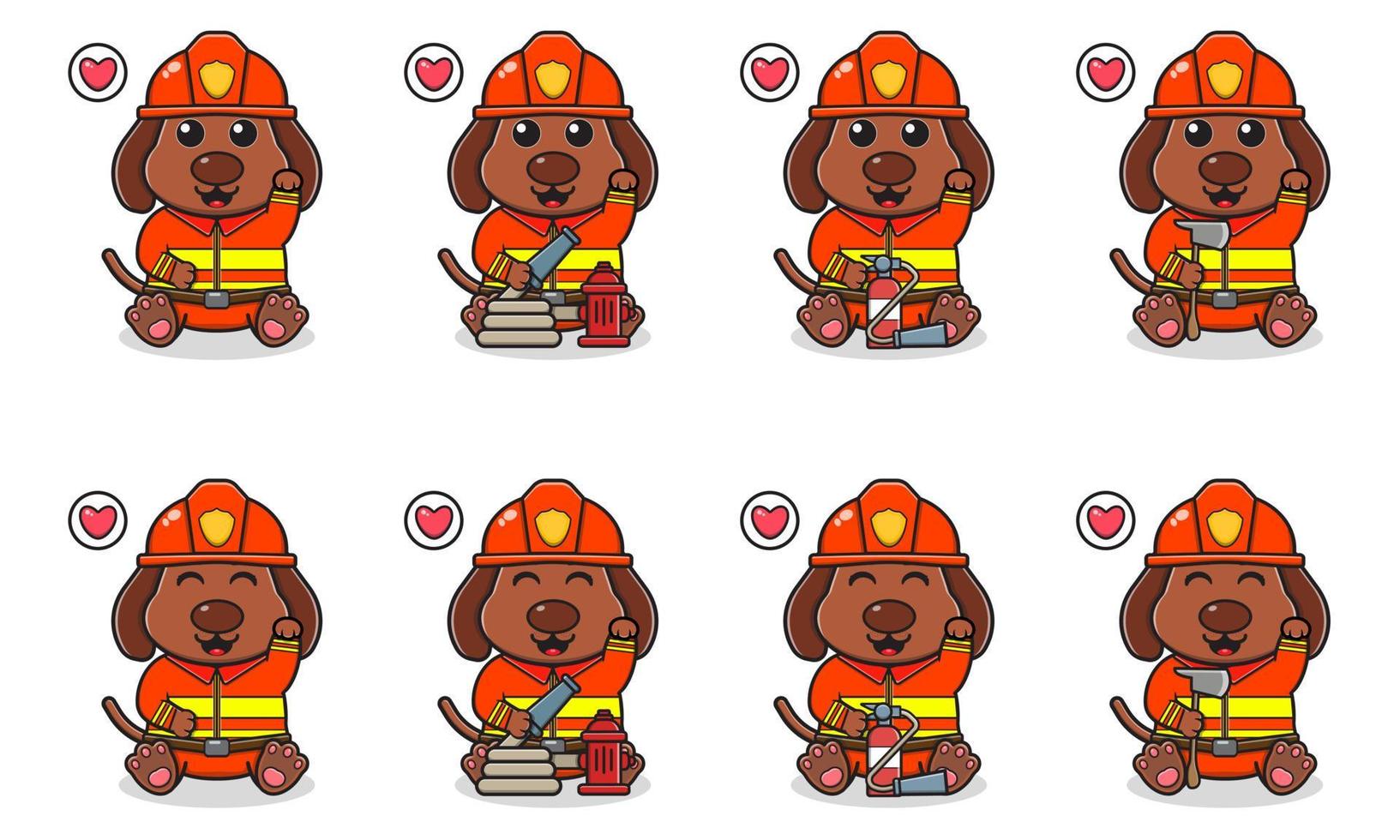 Vector Illustration of Cute sitting Dog cartoon with Firefighter costume and hand up pose.
