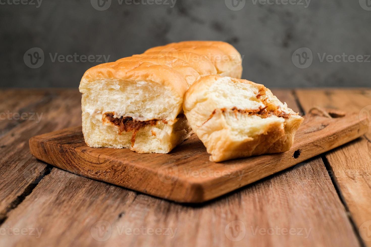 Torn bread filled with beef floss and mayonnaise photo