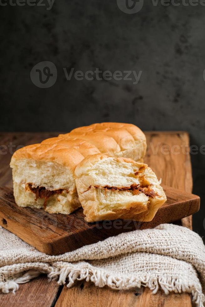 Torn bread filled with beef floss and mayonnaise photo
