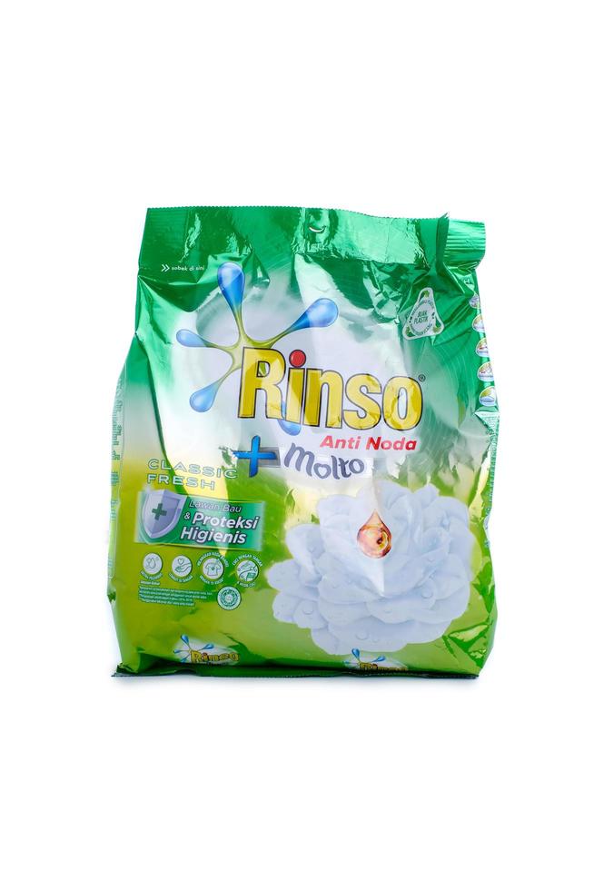 Yogyakarta, 09 March 2021, Rinso in plastic pouch refill pack. Powder detergent product photo