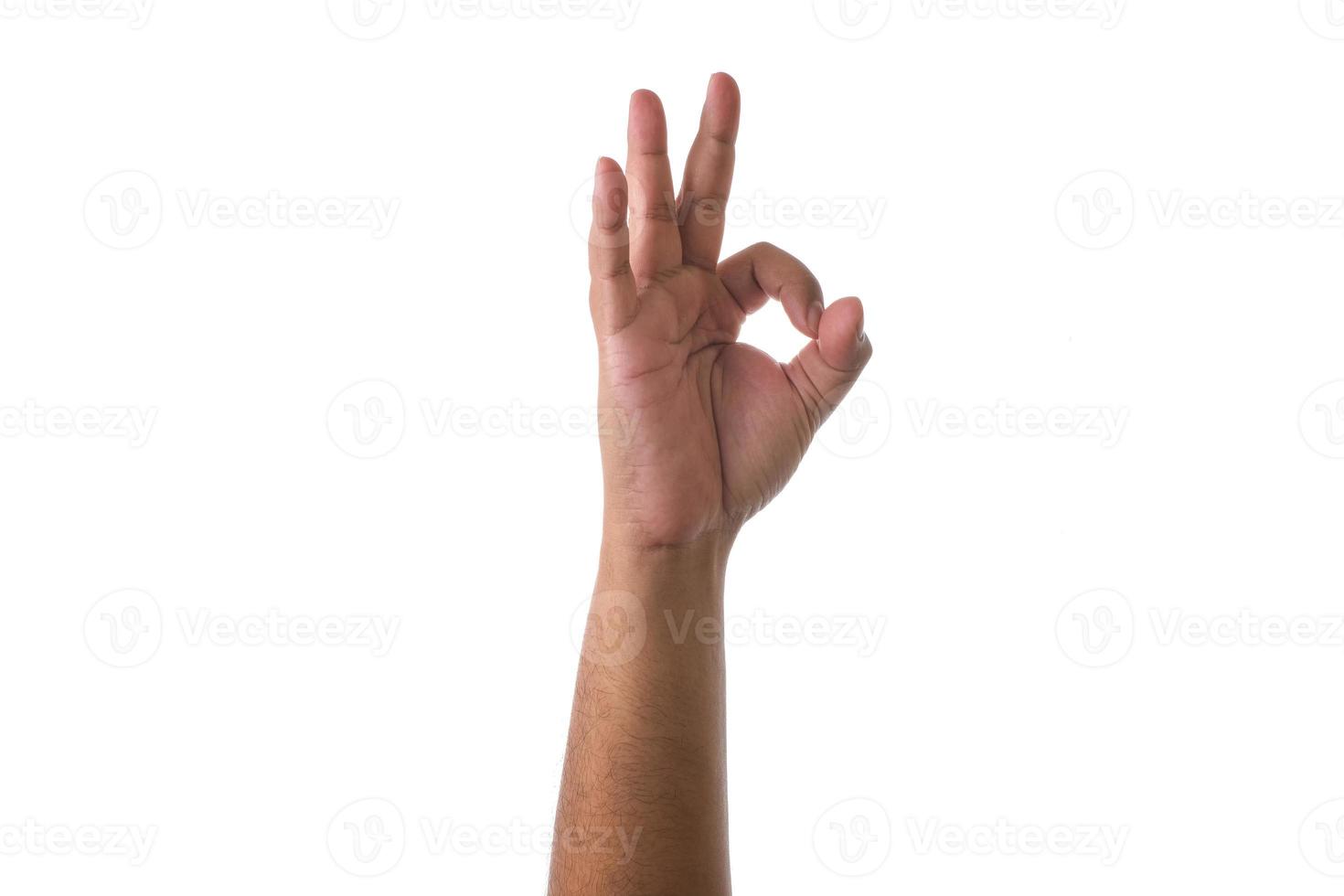 Hand showing okay sign against white background photo