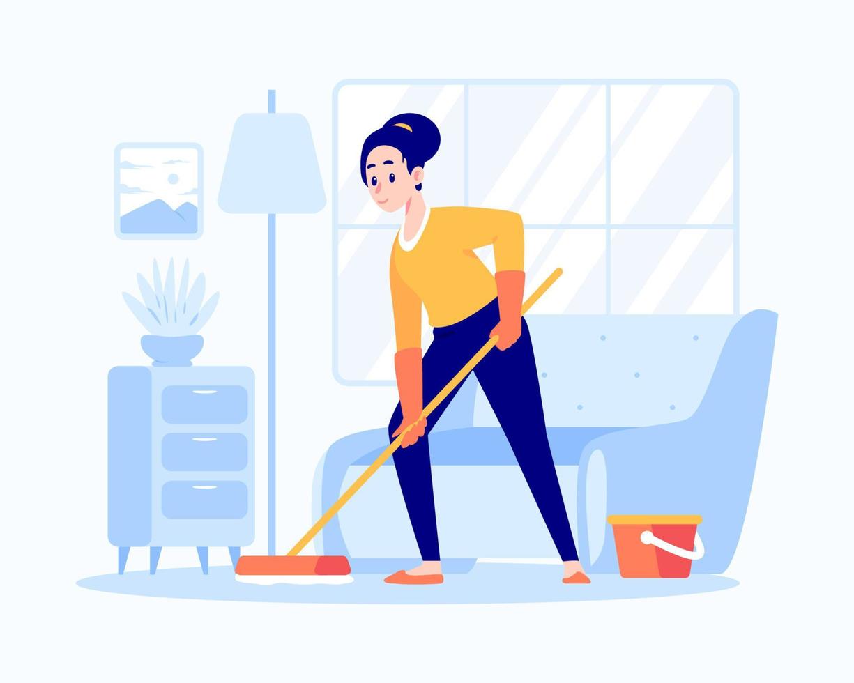 mujer fregando el suelo para el concepto de limpieza de primavera vector