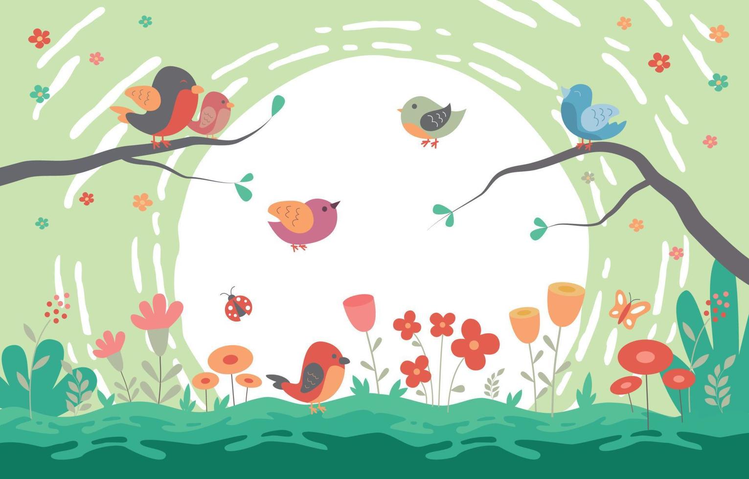 bandada de pájaros juegan en las flores de primavera con colores pastel vector