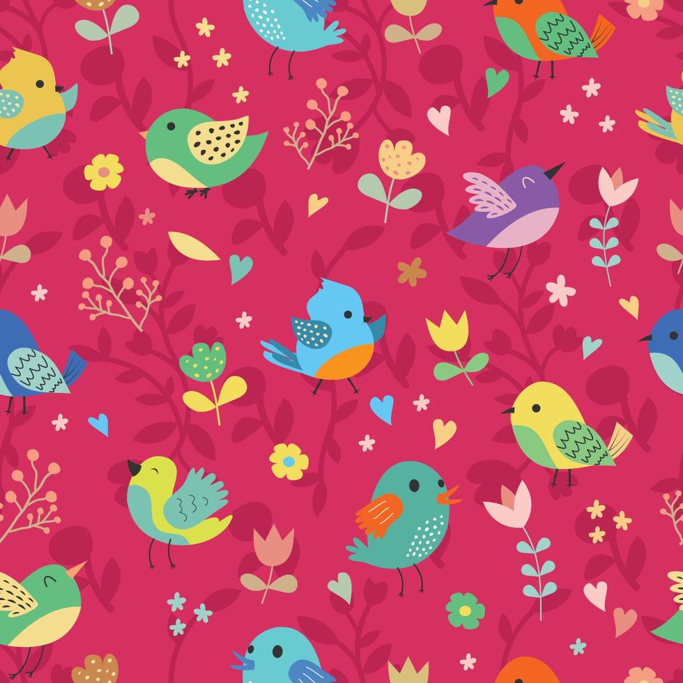 Spring Birds Flowers And Leaves Seamless Pattern vector