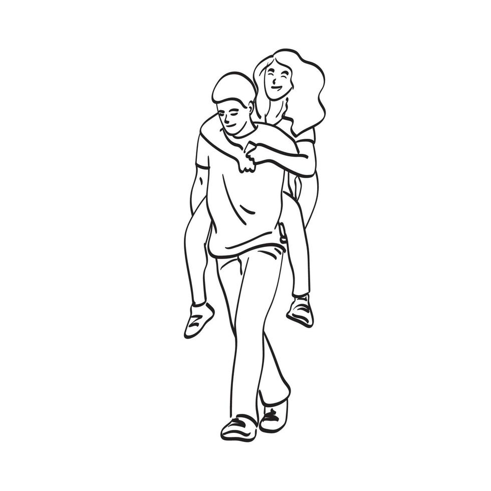 line art man carrying his girlfriend on back with piiggyback ride illustration vector hand drawn isolated on white background