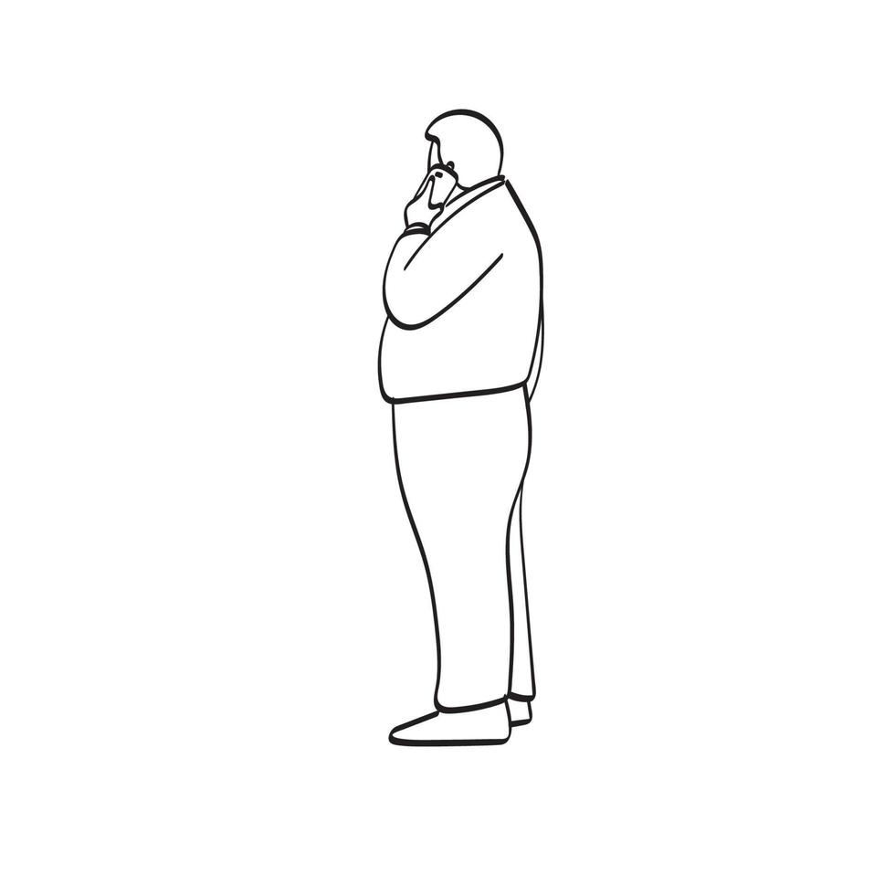 arte de línea vista lateral de longitud completa de hombre gordo usando ilustración de teléfono inteligente vector dibujado a mano aislado sobre fondo blanco