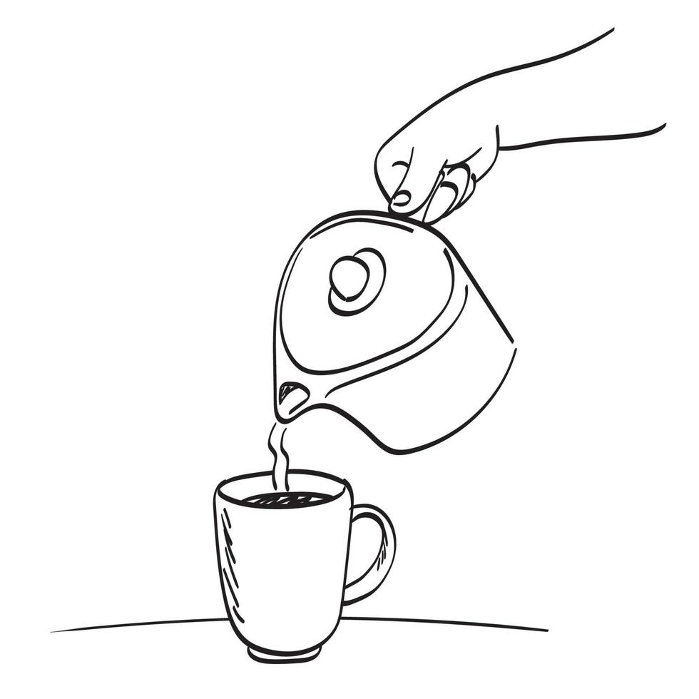 mano que sostiene la tetera tradicional y deja caer el té en la ilustración de la taza vector dibujado a mano aislado en el arte de línea de fondo blanco.