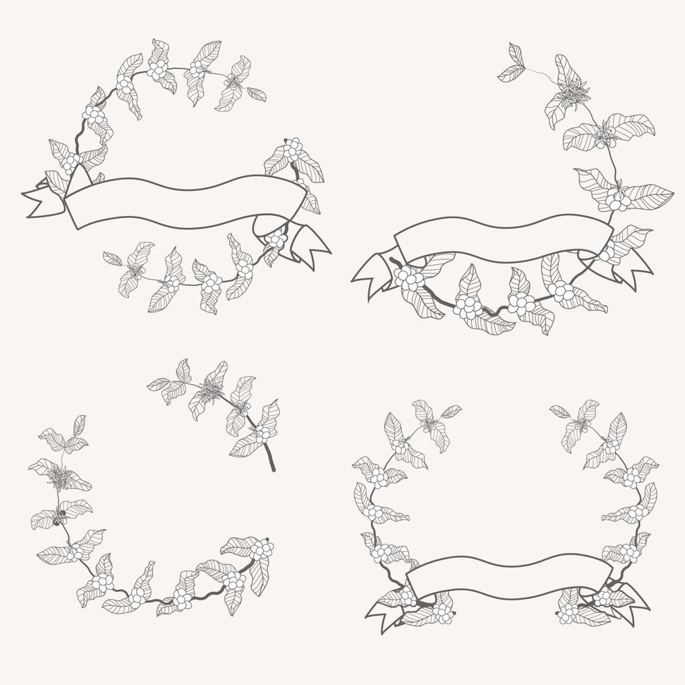 minimal doodle line art coffee branch and ribbon wreath frame collection vector