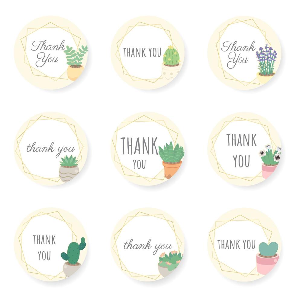 cactus and succulent flat style with golden geometric frame thank you sticker collection vector