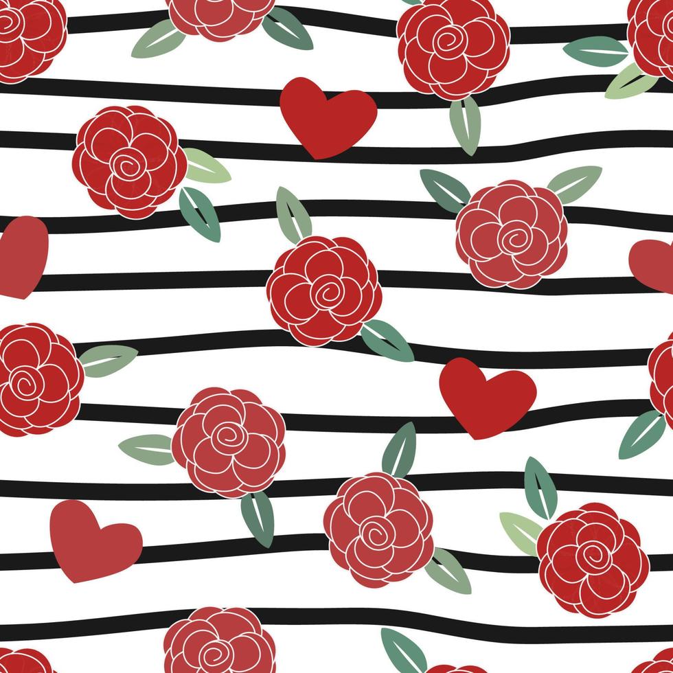 red rose with heart on black stripe line seamless pattern vector