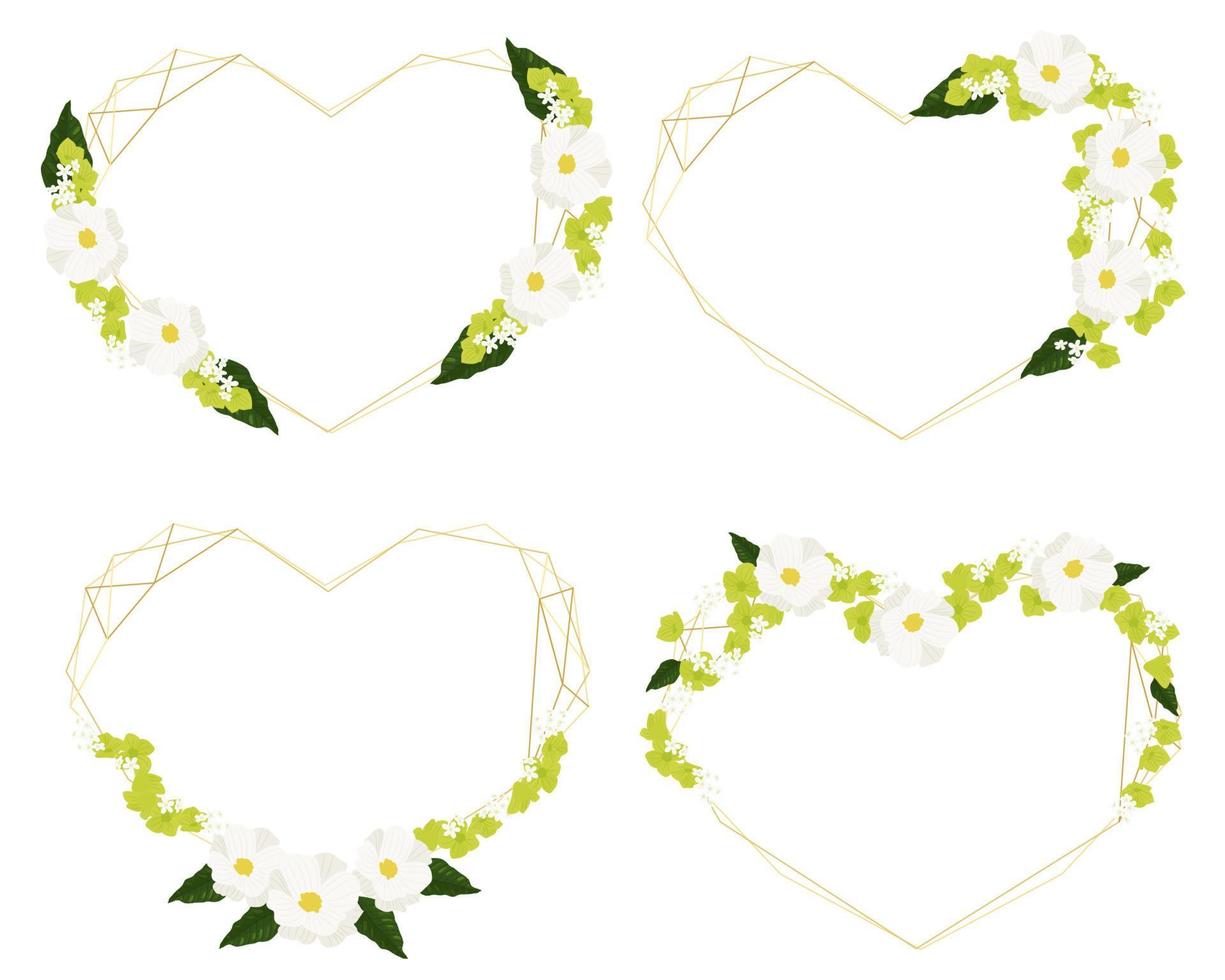 white cosmos and green hydrangea  heart golden wreath frame for birthday, mother's day or valentine banner collection vector