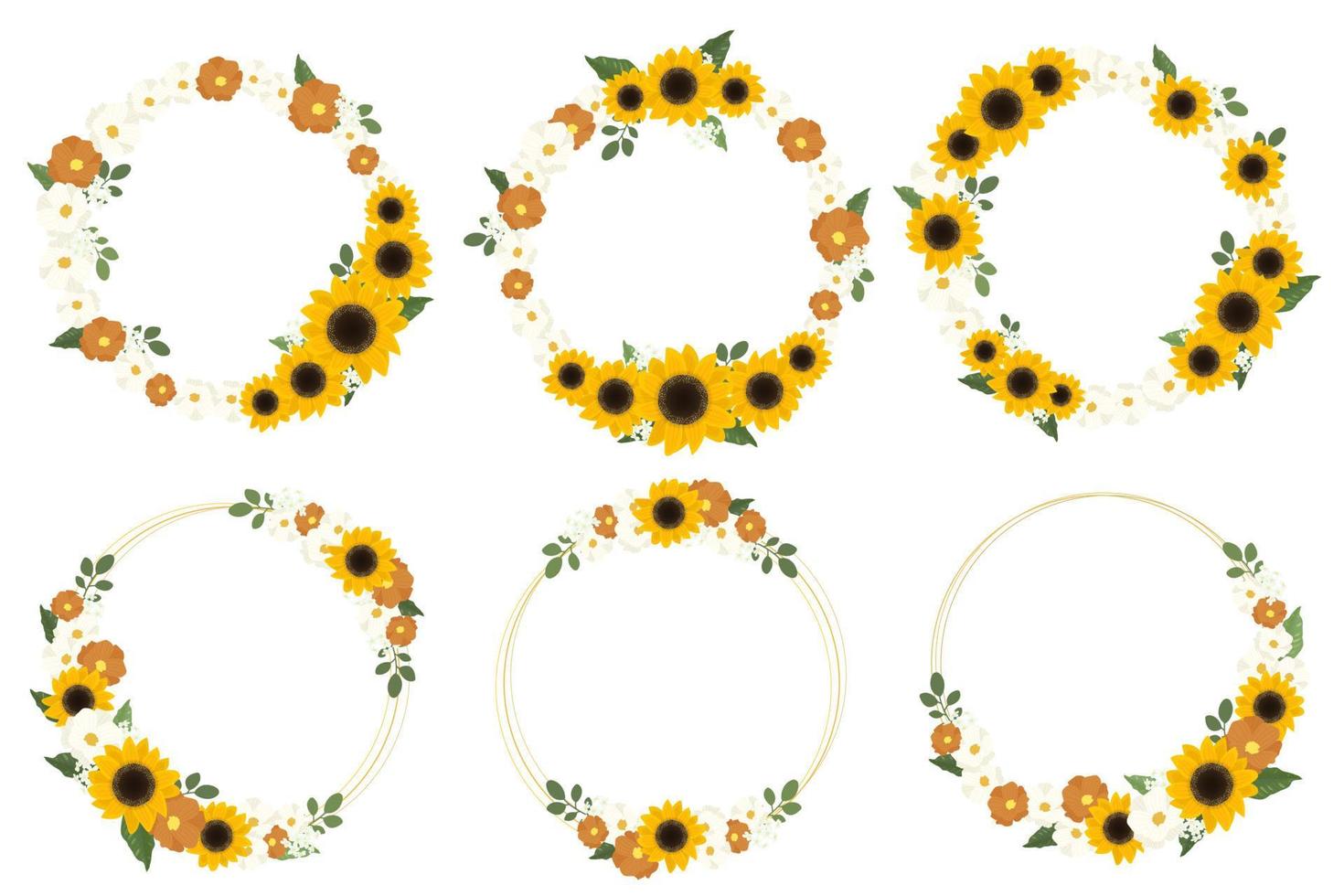 yellow sunflower wreath with golden round frame for spring or autumn collection eps10 vectors illustration