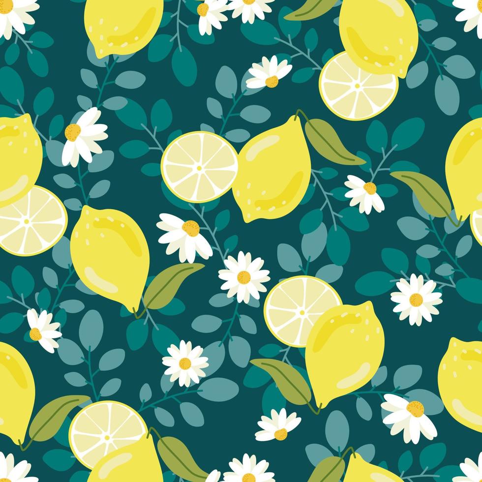 cute flat style yellow lemon with white flower on dare green blue background seamless pattern vector