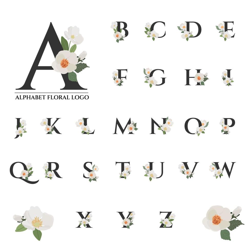 hermoso alfabeto floral serif negro para la colección de logotipos vector