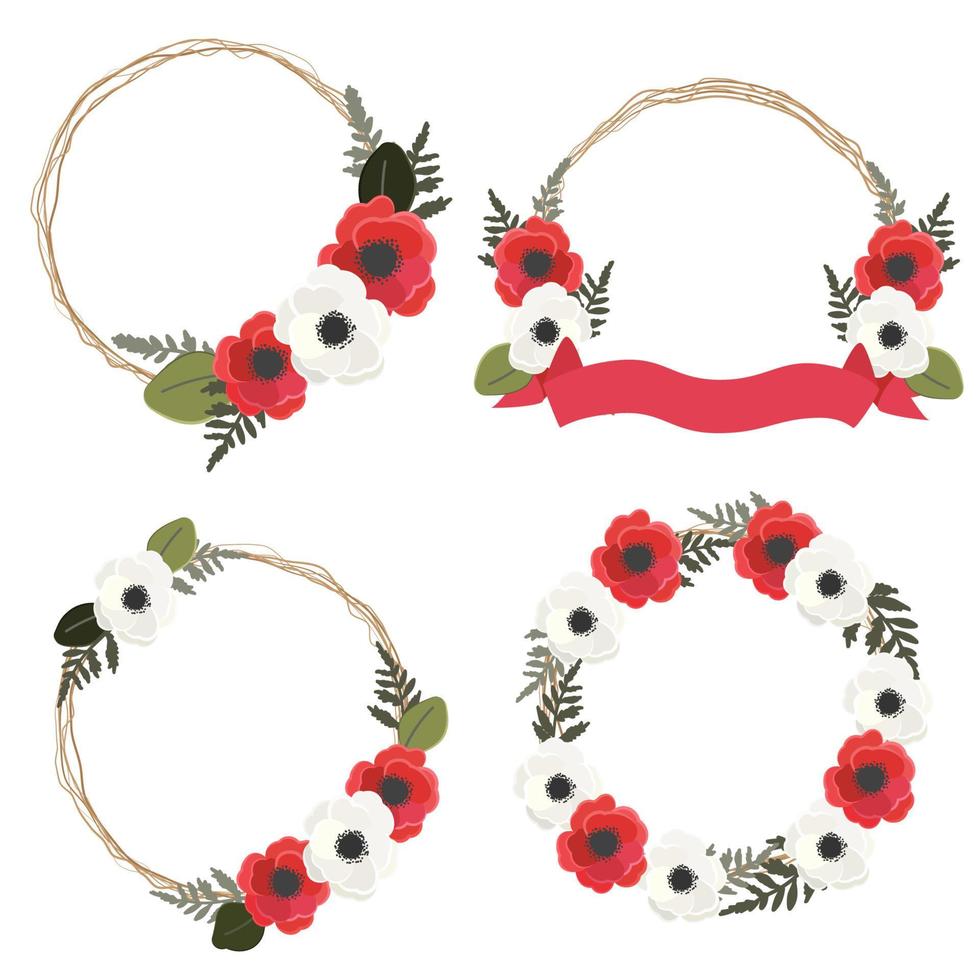 anémona roja y blanca o corona de flores de amapola colección de marcos estilo plano aislado sobre fondo blanco vector