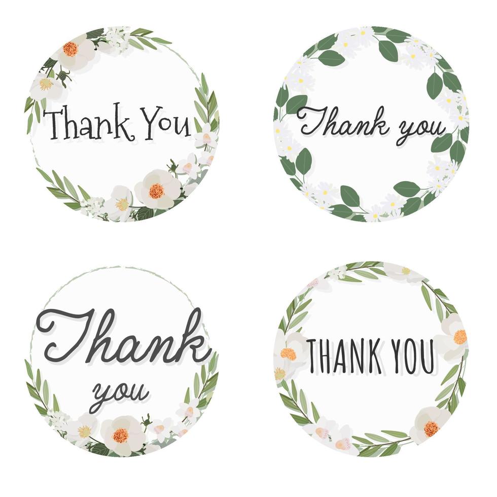 white camellia flower background wreath frame with Thank you sticker collection flat style vector