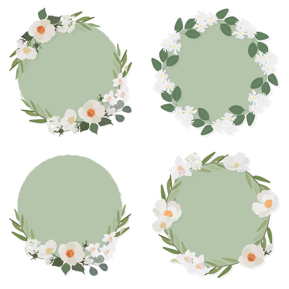 white camellia flower on green circle background wreath frame collection flat style vector