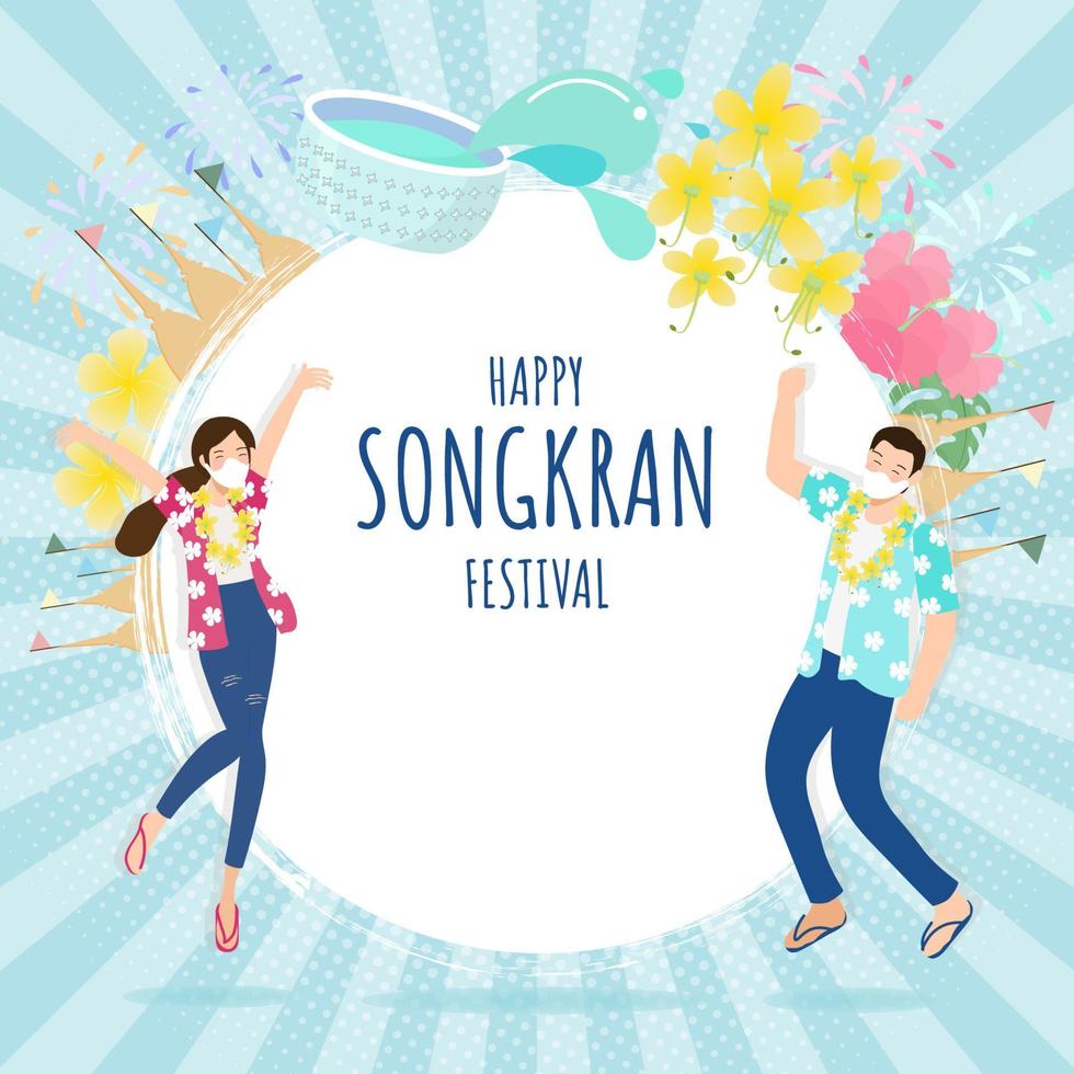 happy Thai couple wear face mask enjoy Songkran water festival square banner eps10 vectors illustration