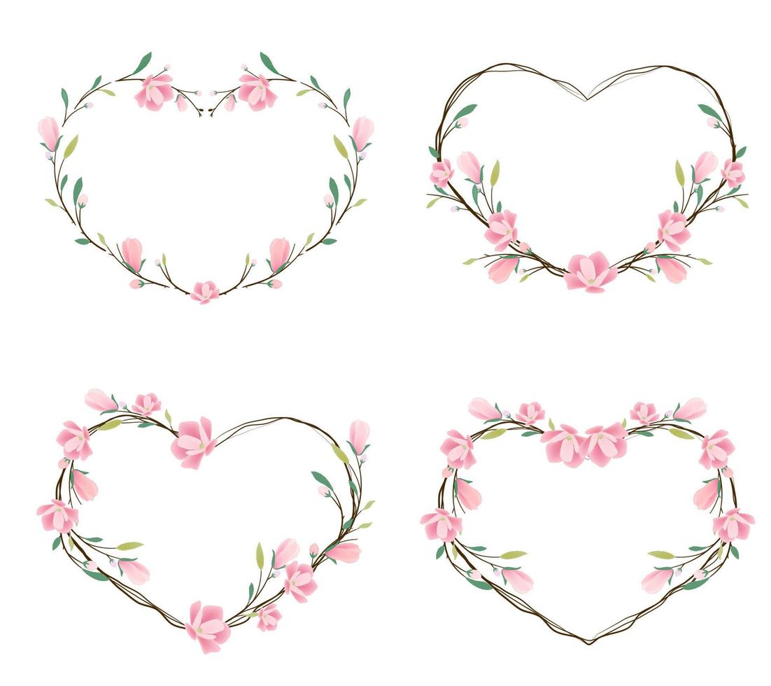 pink magnolia heart wreath frame for valentine banner vector