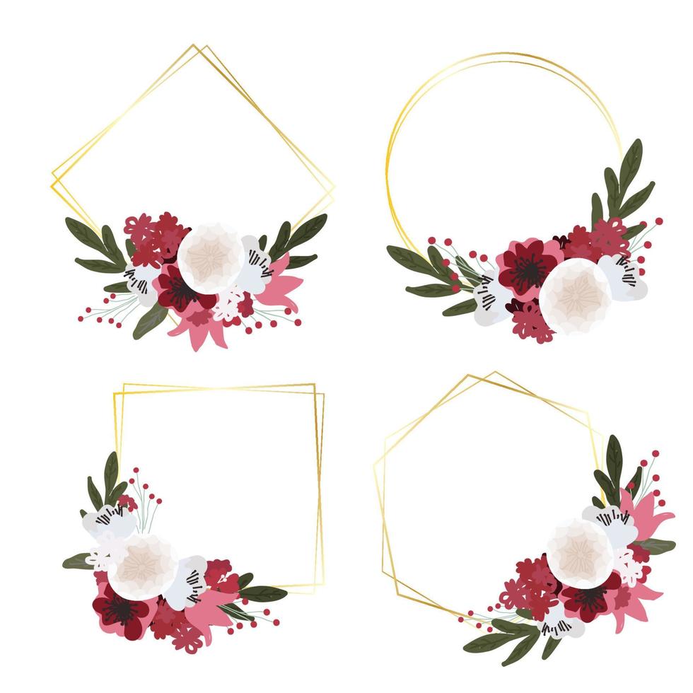 beautiful red and white flower bouquet with golden geometric frame flat style collection for wedding birthday or valentine's day vector