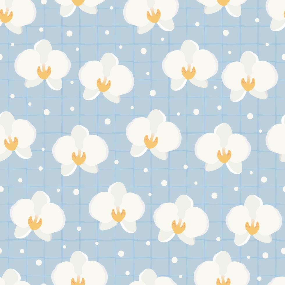 white Phalaenopsis orchid flower on blue background seamless pattern for paper or fabric vector