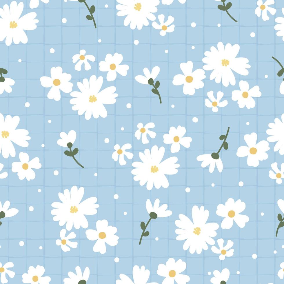 flor de margarita blanca de estilo plano sobre fondo azul a cuadros de patrones sin fisuras vector
