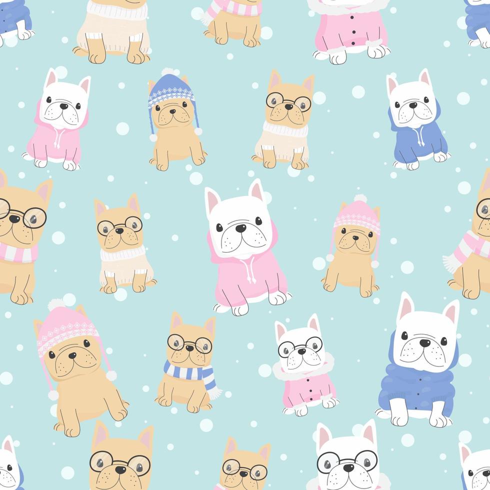 cute french bulldog puppy dog in winter costume seamless pattern snow background vector