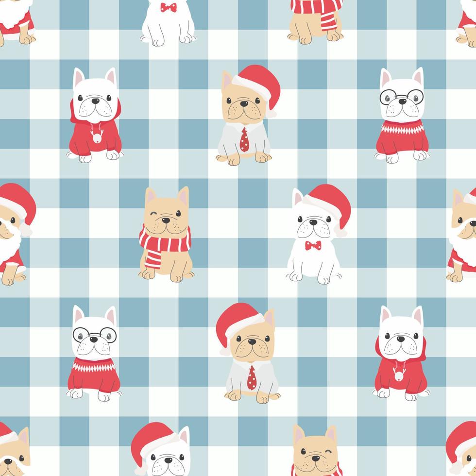 cute french bulldog puppy dog in christmas costume seamless pattern blue plaid background vector