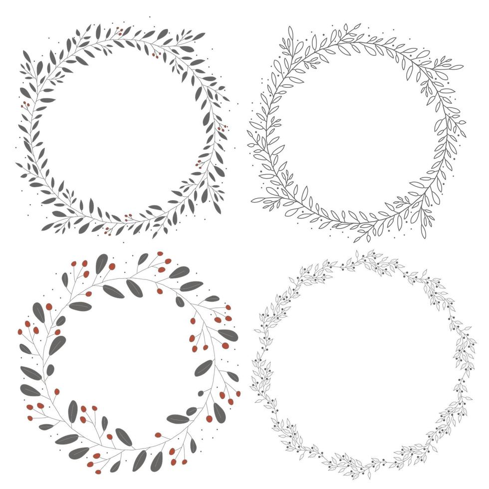 doodle line art hand drawn botanical circle wreath frame collection vector