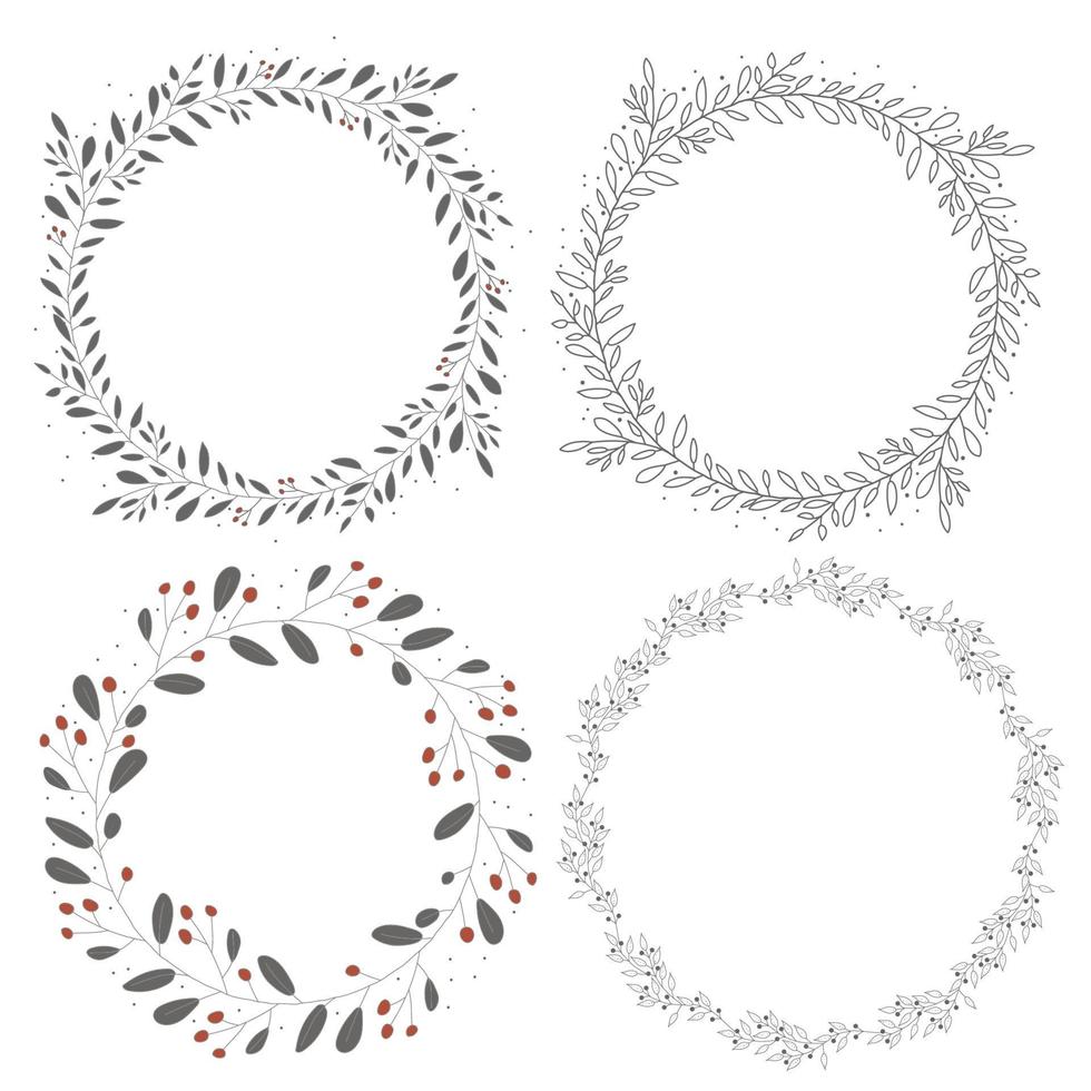 doodle line art hand drawn botanical circle wreath frame collection vector