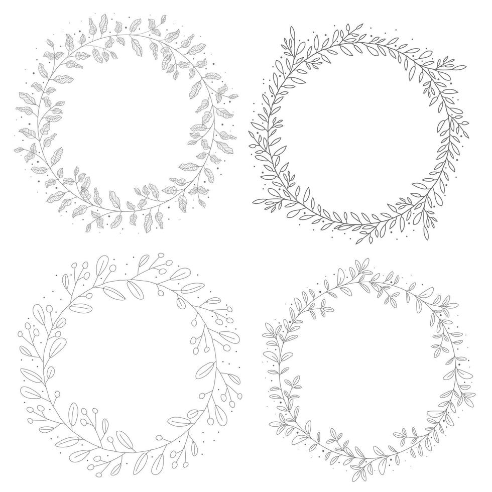 doodle line art hand drawn botanical circle wreath frame collection vector