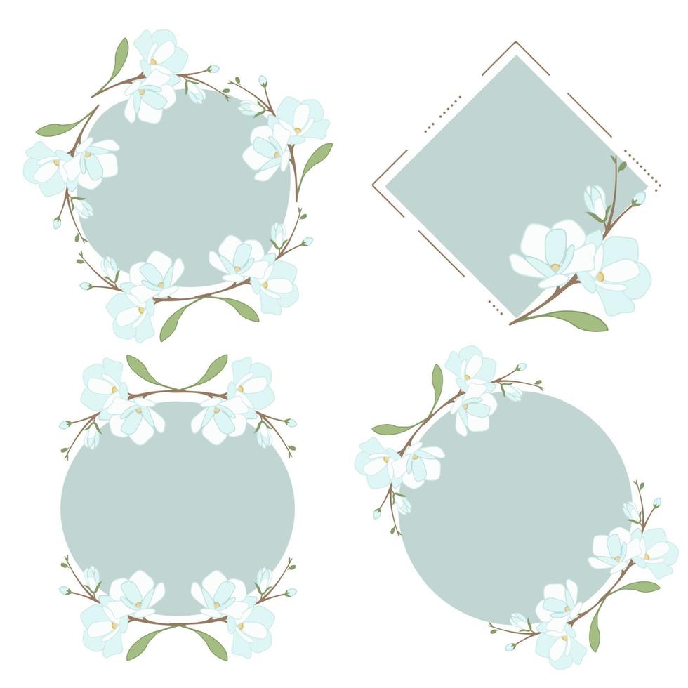 white blue magnolia or jasmine wreath frame collection flat style vector