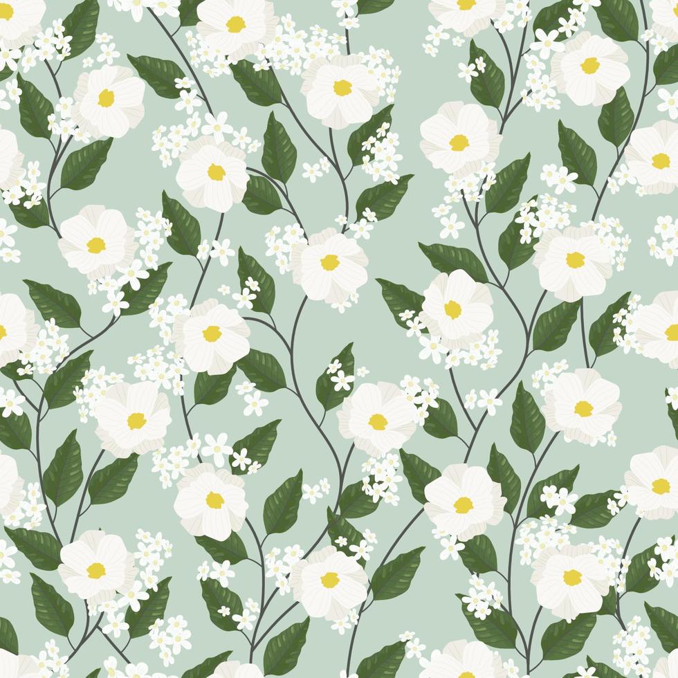 white cosmos flower on green background seamless pattern vector