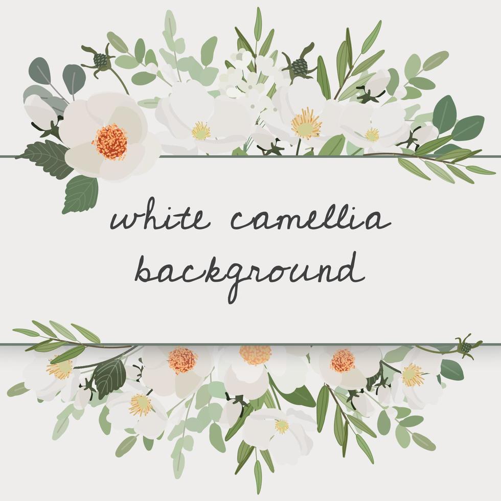 fondo de estilo plano de marco de corona de ramo de flores de camelia blanca para banner o invitación de boda vector