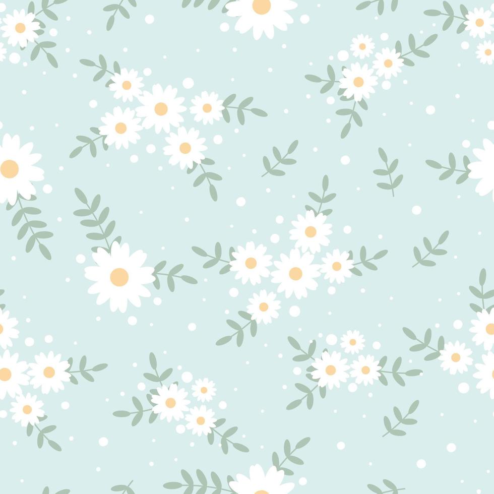 cute flat style tiny white daisy flower on blue background seamless pattern vector