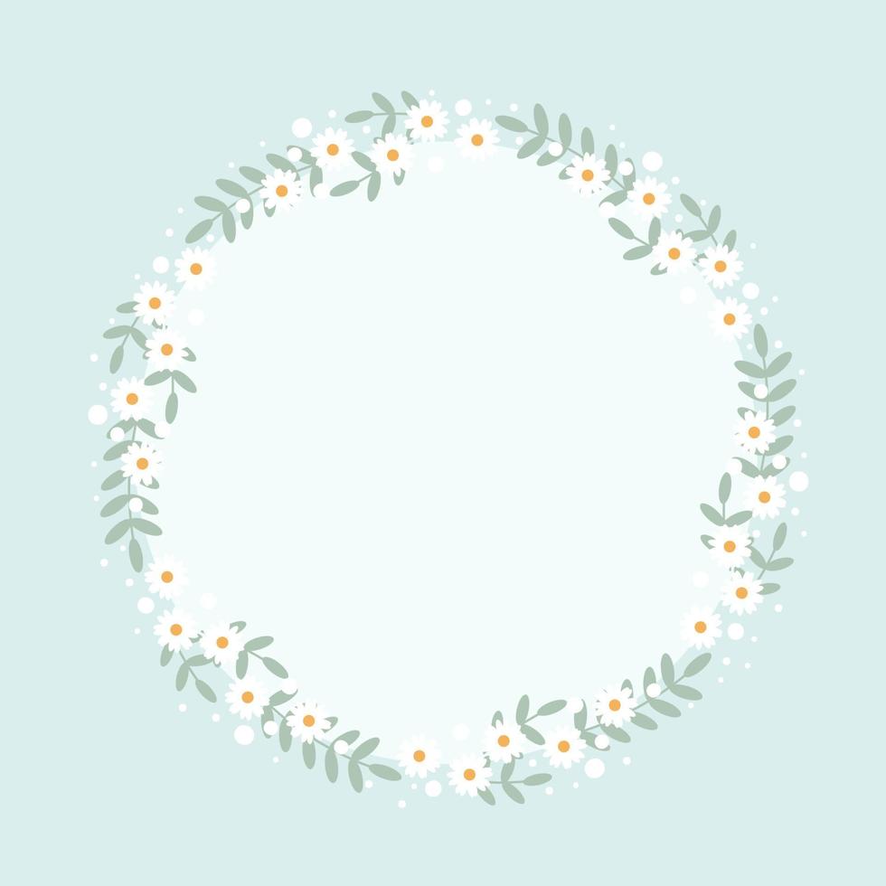 cute flat style white daisy flower wreath frame on blue background for  birthday wedding or mother's day vector