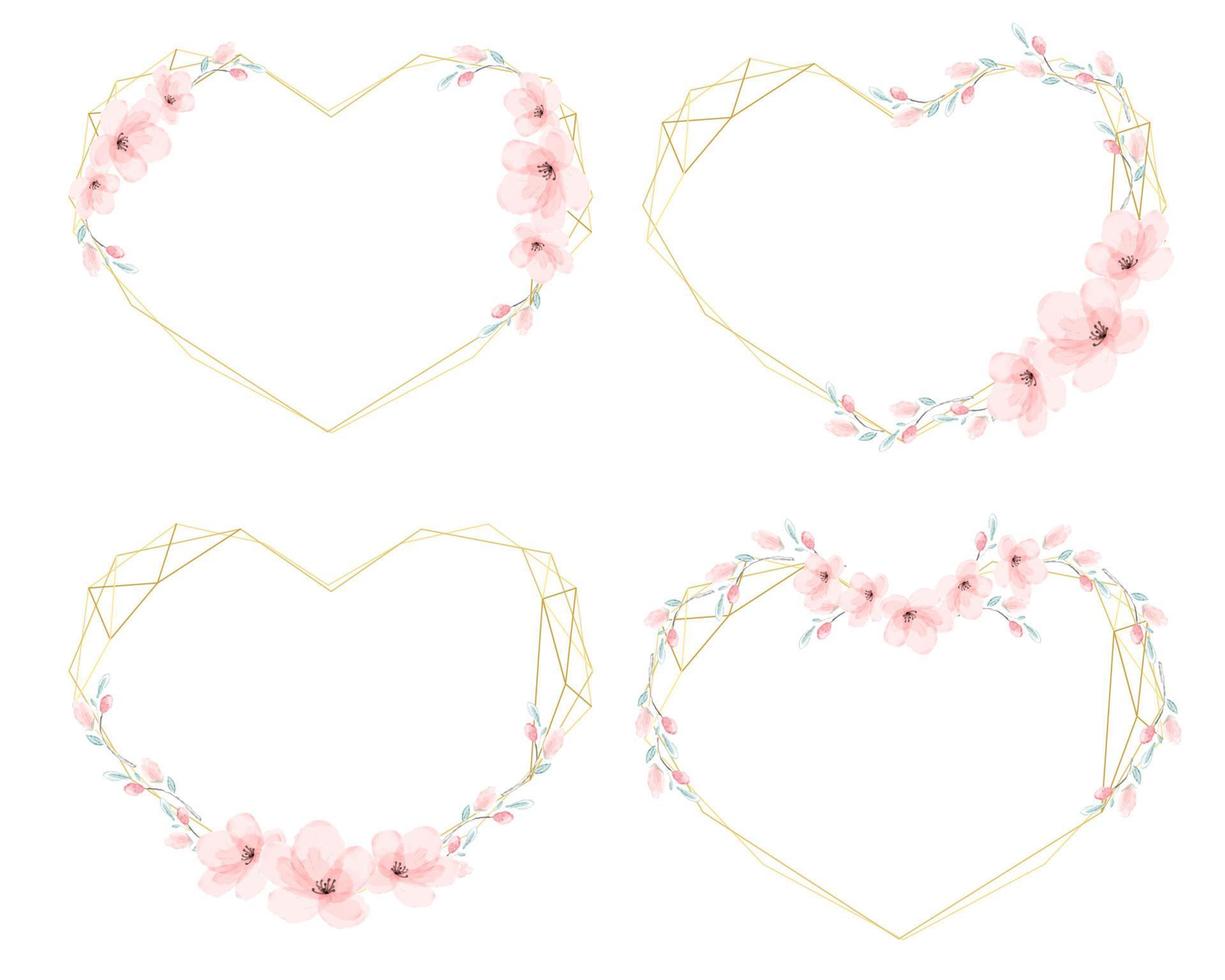 watercolor cherry blossom heart golden wreath frame for valentine banner vector