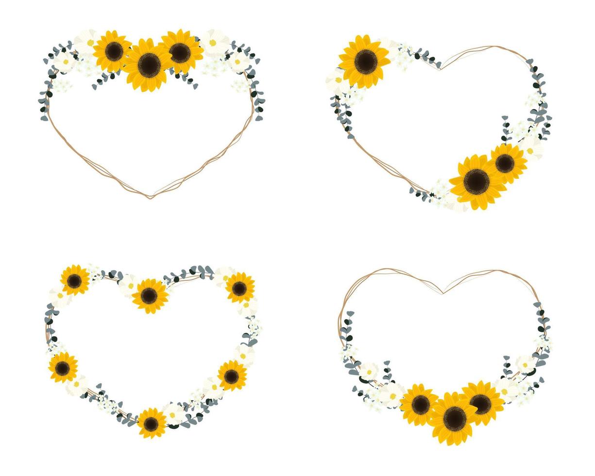 yellow sunflower wild flower and eucalyptus leaf on dry twig bouquet heart wreath frame collection flat style vector