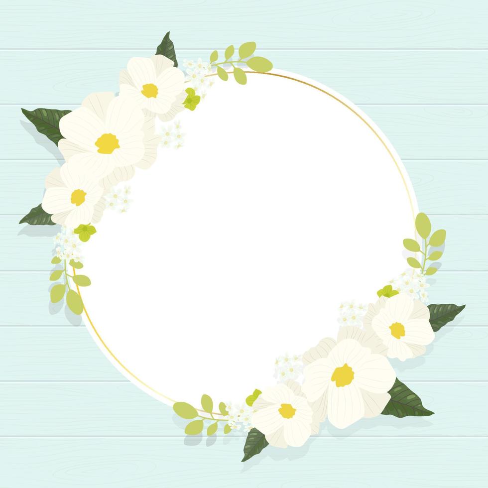 lindo marco de corona de flores de cosmos blanco en banner cuadrado de fondo de madera azul vintage vector