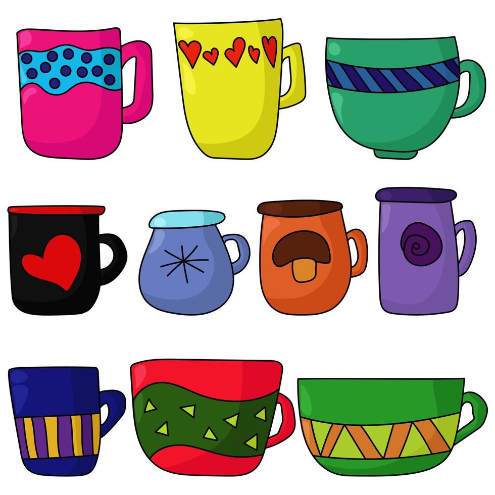 Set of doodle cups of different colors, cartoon style mugs with ornate patterns vector