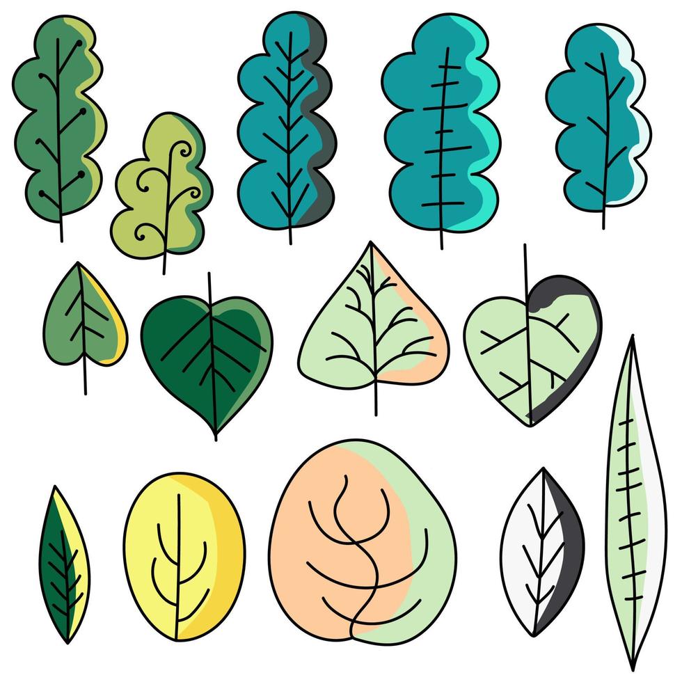 conjunto de garabatos de otoño, ilustración vectorial de dibujo a mano, hojas verdes, azules y naranjas vector